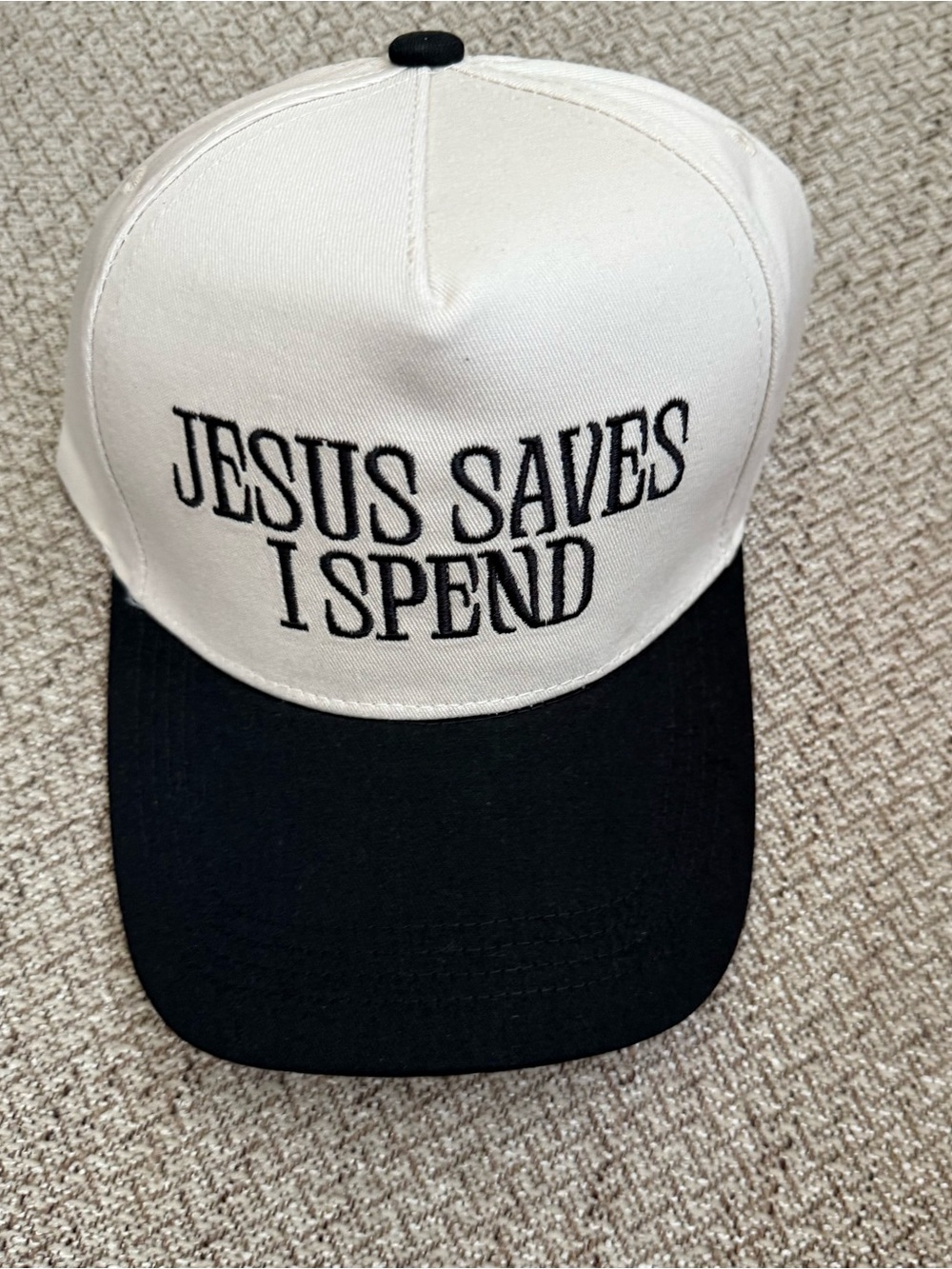 Cream and Black 'Jesus Saves I Spend' Trucker Adjustable Cap